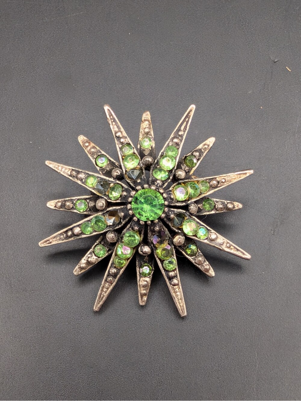 Vintage Uranium Glass Starburst Brooch Glowing Green AB Rhinestone Sunburst Pin